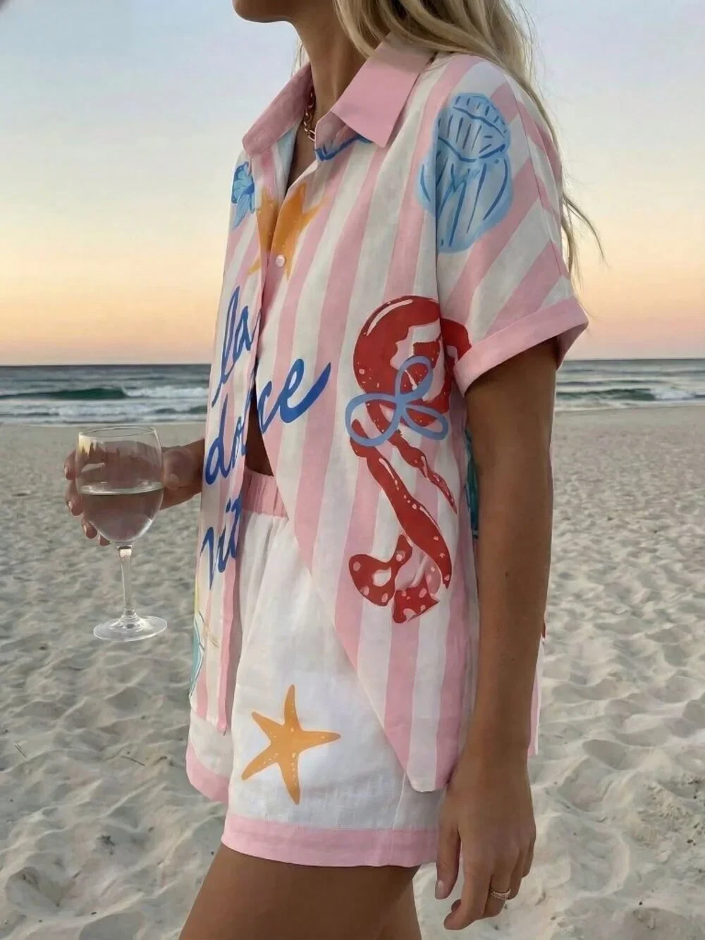 Baby Pink Casual Women's Vacation Printed Shirt & Shorts Set